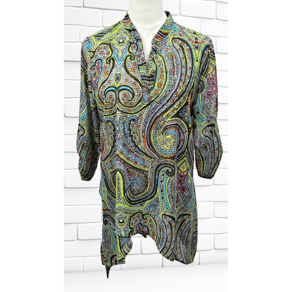 Cha Cha Vente Women M Sheer Paisley‎ Print Short Sleeve Tunic Top Green Blue
